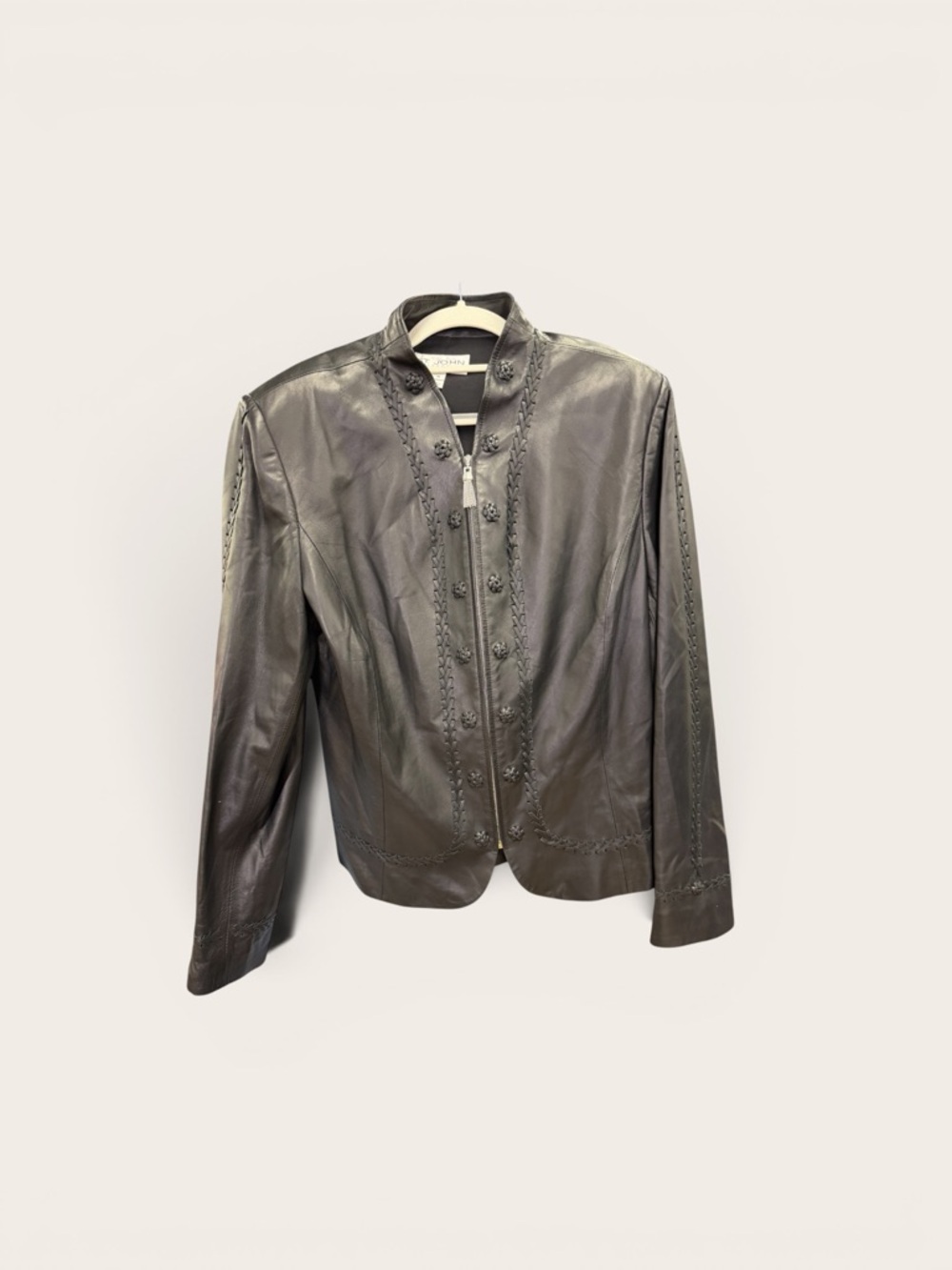 St. John Collection Black Braided-Trim Leather Jacket